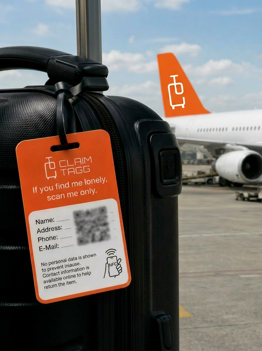 ClaimyCard NFC-Gepäckanhänger am Koffer im Flugzeug